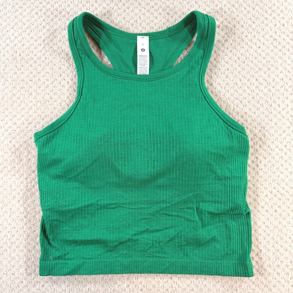 Lululemon Ebb to Street Cropped Racerback Tank Sz 8 Kelly Green Ribbed High Neck